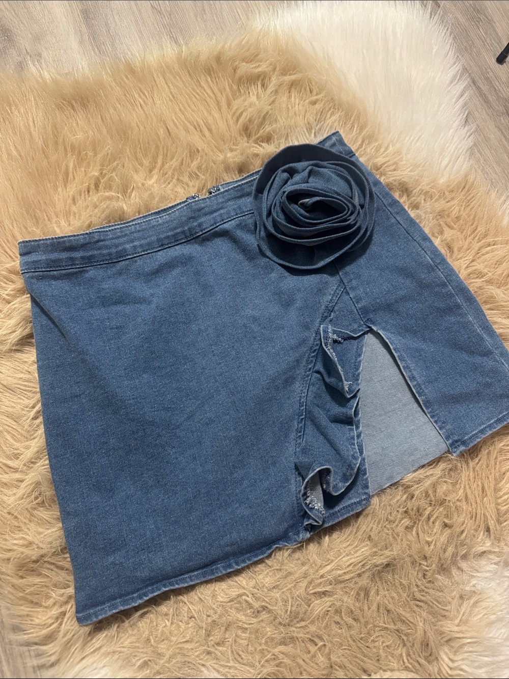 Denim Mini Skirt with Floral Accent - Blue